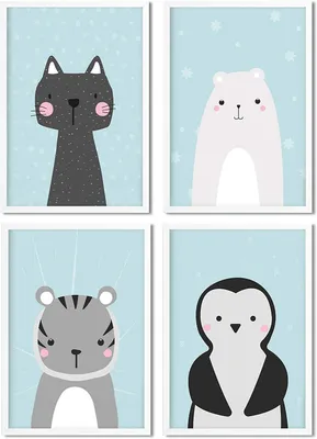Produktbild von Golden Posters Poster Kinderzimmer 4er Set für Mädchen und Junge – Katze, Bär, Tiger, Pinguin – Blau (DIN A4)