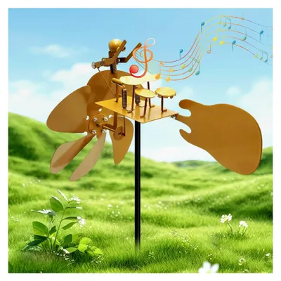 Produktbild von Handgefertigte Metall-Windmühle mit Schlagzeuger, Windrad für Garten, Musik-Windmühle Statue, Gartenornamente, Windspiele für Außenbereich