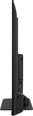 Side view of a black television on a stand against a white background.