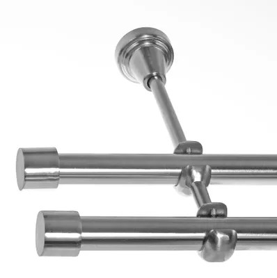 Produktbild von Gardinenstange Set Edelstahl Look Metall Ø 19mm zur Wandbefestigung 2-lauf Kappe, Länge wählbar H28 E61 E61
