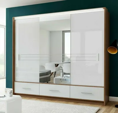 Produktbild von Schiebeschrank AMSTERDAM 250 cm L, Kleiderschrank, Hochglanz, Spiegel, LED, Schubladen (Pflaume | Weiß glänzend, Spiegel)