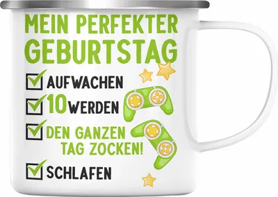 Produktbild von Trendation - 10 Geburtstag Junge Jungen Geschenke Emaille Tasse 10er Geburtstagsgeschenk Gamer 10 Jahre (Silber)