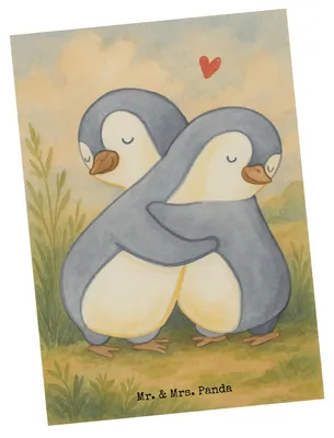 Produktbild von Mr. & Mrs. Panda Postkarte Pinguine Kuscheln Design - Weiß - Geschenk, Postkarten, Mitbringsel, Hochzeitstag, für Frauen, bildkarte, Ansichtskarten, Jahrestag, Grußkarte