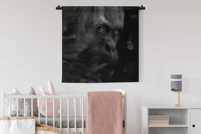 Produktbild von MuchoWow® Wandteppich Wandbehang Schmetterling - Affe - Pflanzen - Schwarz - Weiß 90x90 cm Tapisserie Dekoration Wandtuch - Wandaufhänger