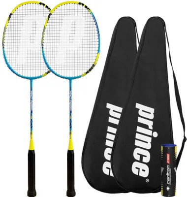 Produktbild von Prince Pro Rebel Badmintonschläger Twin Set, Graphit, inkl. Federbälle, Tragetaschen, ideal für Freizeit und Wettkampf.