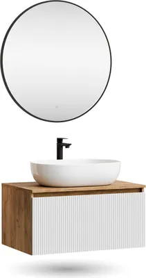 Produktbild von Planetmöbel ARISA Badmöbel Set Weiß Geriffelt – Mit Veluna LED Spiegel und weißem Keramik-Aufsatzwaschbecken 60 cm