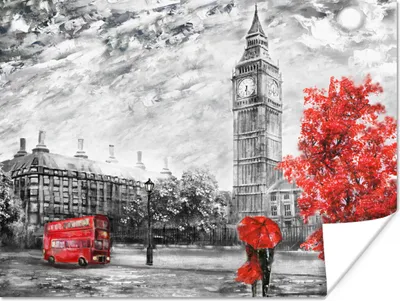 Produktbild von MuchoWow® Poster Gemälde - Big Ben - Rot - Regenschirm 80x60 cm - Kunst für zu Hause