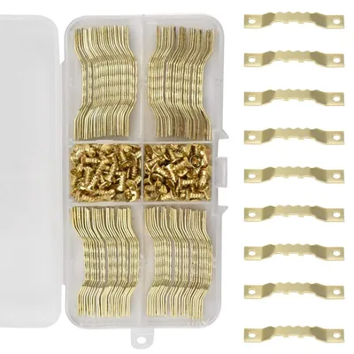 Productafbeelding van 100 ophanghaken voor houten frames, spanhaken, ophanghaken voor canvas frames, ophanghaken voor fotolijsten, met 200 schroeven, goudkleurig