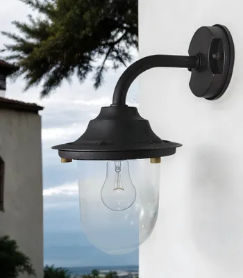 Produktbild von Wandleuchte außen Echt-Messing Glas E27 IP64 30 cm hoch Schwarz Antik Maritim Außenlampe Wand