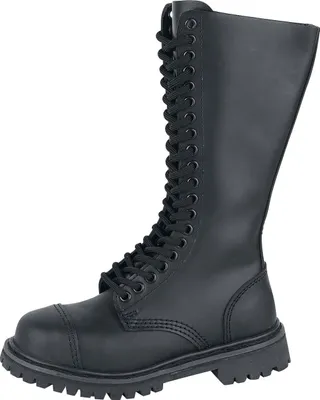 A black leather boot with laces.