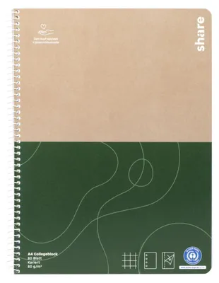Produktbild von share Collegeblock DIN A4, 80 Blatt, kariert, 80g/qm, 100 % recyceltem Papier