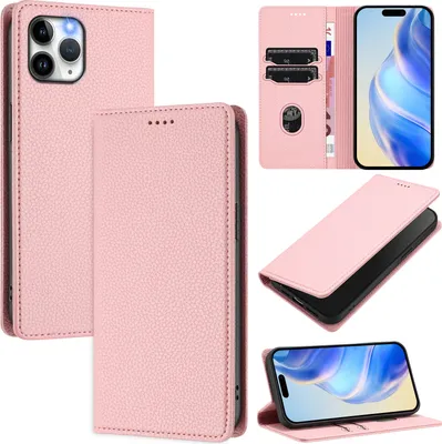 Produktbild von Litchi Leder Handyhülle für iPhone 11 Pro Wallet Kartenfächer Standfunktion Hülle Pink
