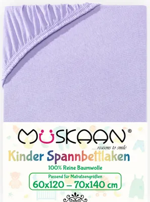 Produktbild von Müskaan Jersey Kinder Spannbettlaken 60x120 - 70x140 cm flieder bis 12cm Matratzenhöhe Gummizug Bettlaken 100% Baumwolle