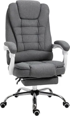 A gray office chair with a footrest is shown in a studio setting.