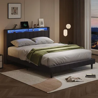 Immagine prodotto di Letto imbottito ProximaX 160x200 cm, testata con contenitore, illuminazione LED e porta di ricarica USB, per dormire comodamente in camera da letto, grigio