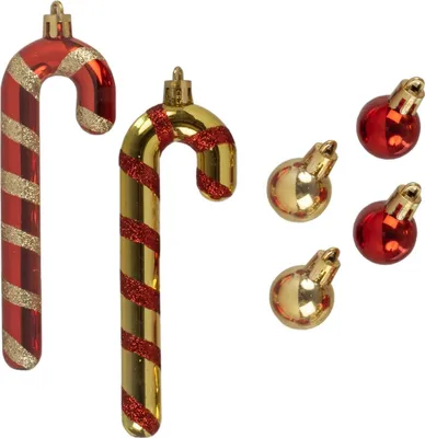 Produktbild von 60 Stück Weihnachtsanhänger Zuckerstange Kugel Rot Gold