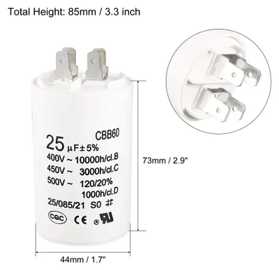 Produktbild von CBB60 Betriebskondensator 25uF 450V AC Doppeleinsatz 50 / 60Hz Zylinder 73x44mm Wei? fš¹r Luftkompressor-Wasserpumpenmotor