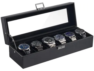 Image de Boîte à montres avec 6 compartiments, en similicuir, avec couvercle en verre, noire