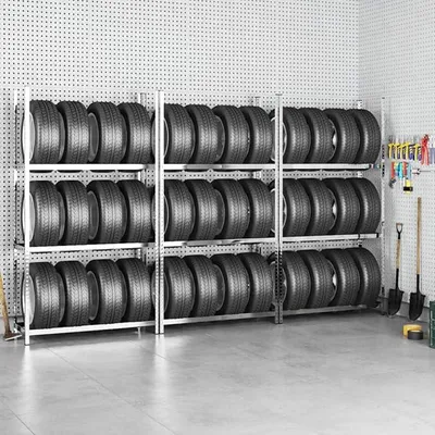 Produktbild von 3 STK. Reifenregal mit 3 Böden Reifenständer Steckregal Lagerregal höhenverstellbar Garagenregal Werkstattregal Schwerlastregal Silbern 110x40x200 cm Stahl