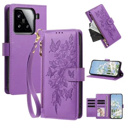 Produktbild von Handyhülle für Xiaomi 15, Wallet Case Kunstleder mit Kartenfächern, Reißverschluss und Handschlaufe Lila