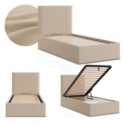Produktbild von Einzelbett 90x200 Polsterbett PAOLA mit Bettkasten, hochklappbarer Lattenrost, Stauraum, Beige Geflecht