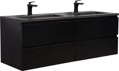 Produktbild von Badplaats Badmöbel Set mit Waschbecken und Unterschrank Angela 140 x 48 cm Schwarz Matt - Waschbeckenunterschrank mit Soft-Close und Schwarze Doppelwaschbecken