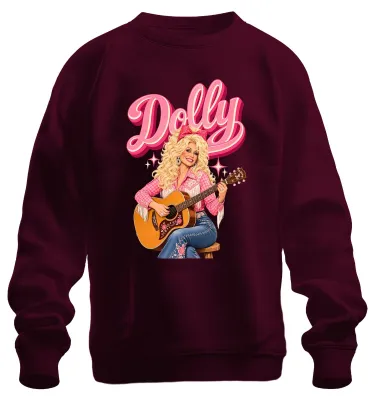 Productafbeelding van Dolly Parton, country zangeres, gitaar, cowgirl, western sweatshirt, trui, bordeauxrood, maat M