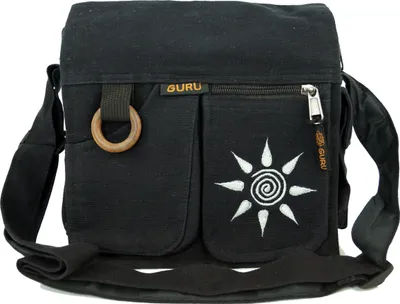 Produktbild von Boho Schultertasche, Hippie Tasche Sonne, Vintage Umhängetasche - Sonne/schwarz, Uni - Erwachsene, Baumwolle, 25*25*7 cm, Alternative Umhängetasche, Handtasche aus Stoff