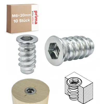 Obrázok produktu pre 10x skrutkovacie zásuvky M6 - dĺžka 20 mm - skrutkovacia matica skrutkovacie zásuvky šesťhranná zásuvka M6x20 mm