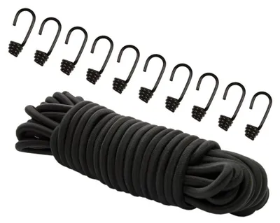 Produktbild von Dreamprint Expanderseil 20 m Schwarz 6 mm Gummiseil Spannseil mit 10 Spiralhaken