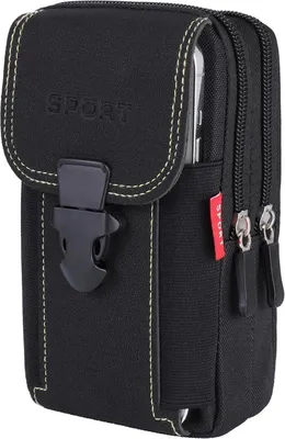 A black tactical belt pouch with a phone partially visible inside.