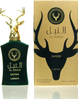 A perfume bottle and its packaging are displayed against a white background.