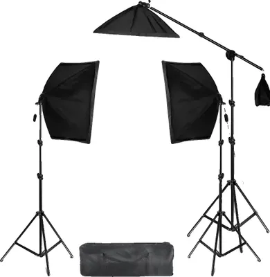 Zdjęcie produktu dla Zestaw oświetleniowy z softboxami do fotografii, regulowana jasność, trwała konstrukcja, 2+1 softboxów
