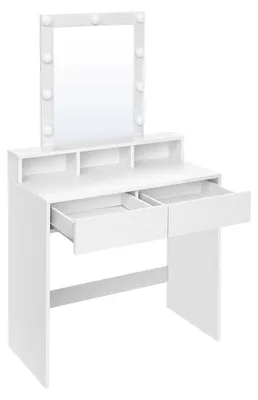 Obrázek produktu pro Kosmetický stolek s LED osvětlením, zrcadlem, 2 zásuvkami a 3 otevřenými policemi | Bílá barva | 80x40x145 cm
