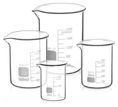 Produktbild von Glas Becherglas 25ml 50ml 100ml 200ml, 4er Set Abgestufter Messbecher für Labor Küche, für Backen, Experimente, Haushalt, Labor