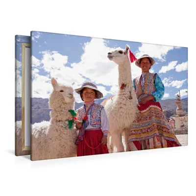 Produktbild von Calvendo Textil-Leinwand 120 cm x 80 cm quer Frau und Mädchen mit Lama und Alpaka, Kuttig Siegfried; 7397031