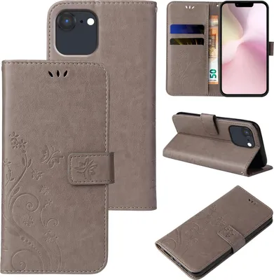 Produktbild von Handyhülle für Apple iPhone 16e Floral Blumen Schmetterling Flip Cover Hülle Case Klapphülle Handytasche Farbe: Grau