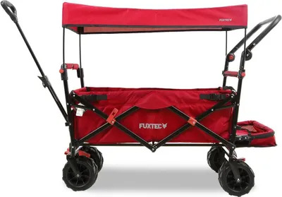 Produktbild von FUXTEC Strand-Bollerwagen Rot FX-CTB800 - mit Dach | bis 75Kg | Offroad-Reifen | Klappbar | Innenraumverlängerung | 2 Sitzplätze| 120cm x 56cm x 98cm
