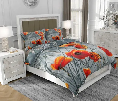 Produktbild von Bettwäsche 200x220 cm + 2x70x80 cm, 3-teilig, 100% Baumwolle, Satin, Reißverschluss, Mohnblumen, Bunt - SOVIO | So.0268