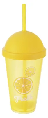 Obrázek produktu pro Žlutý hrnek na pití s víčkem a brčkem na smoothie a ledový čaj