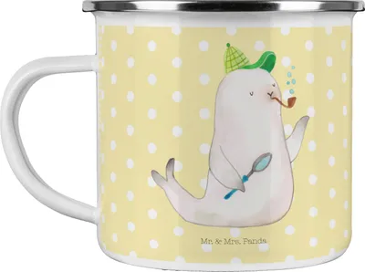 Produktbild von Mr. & Mrs. Panda Emaille Tasse Robbe Sherlock - Gelb Pastell - Geschenk, Teetasse, Campingtasse, Becher, Lustige Sprüche, Pott