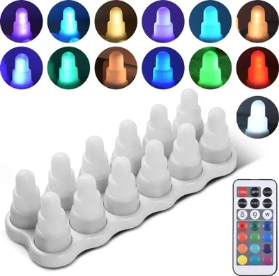 A collage showing different colored LED candles and a remote control.