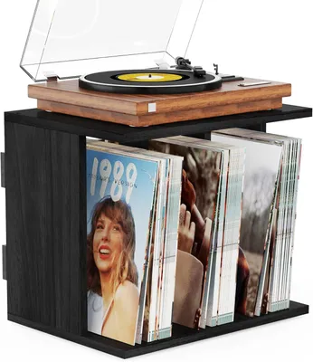Produktbild von Schallplattenhalter 100 LP, Holz, Wandmontage, 3 Fächer, für Wohnzimmer, vintage schwarz