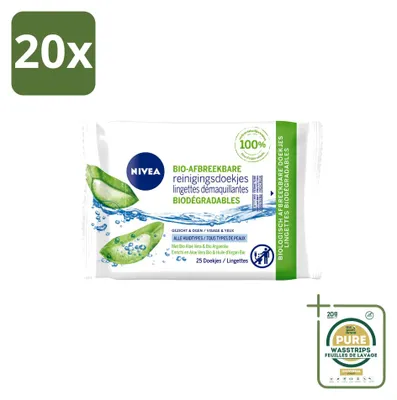 Produktbild von 20 x Nivea Reinigingsdoekjes Bio Aloe Vera - 25 Tücher - Vorratspackung - 20 Stücke