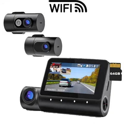 Produktbild von 3-Kanal-Dashcam, 4K+1080P+1080P Dashcam Auto Vorne Innen Hinten mit 64GB SD Karte