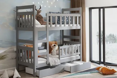 Produktbild von Masseno Etagenbett DINOS 80x160 cm mit Schublade, Rausfallschutz, Kinderbett mit Leiter für Mädchen und Jungs, Stockbett, Grau