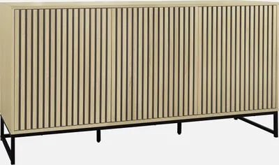 A modern sideboard with a slatted wood-look front and black metal legs, presented against a white background.