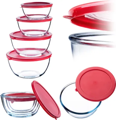 A collage of glass bowls with red lids, showcasing different sizes and angles.