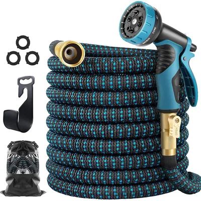 Image de Tuyau d’arrosage flexible extensible 15 m Strex avec pistolet d’arrosage – extensible – avec raccords, crochet de suspension et sac de rangement