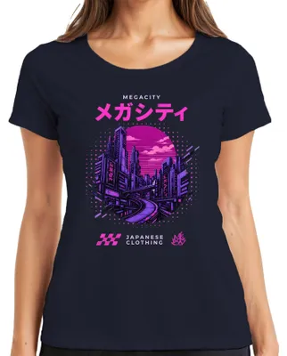 Immagine prodotto di Maglietta da donna, stile "megacity giapponese", ispirata al cyberpunk, alla synthwave, al Giappone degli anni '80 e al periodo Y2K, colore blu navy, taglia L
